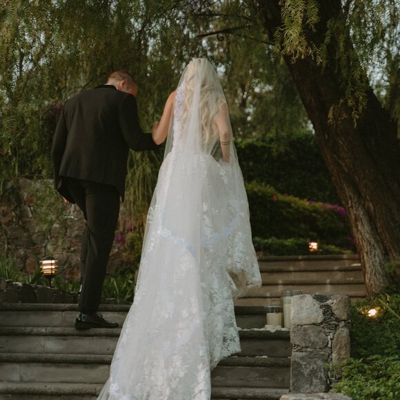 New Mantilla style custom Kleinfeld veil in Diamond White Tulle/White Lace. main image 8